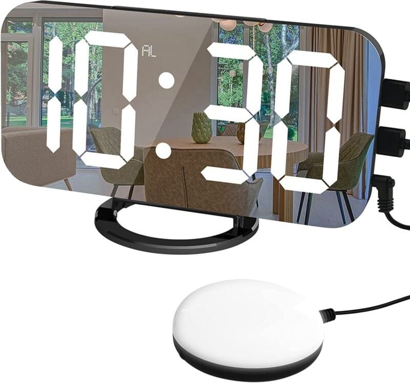 Digitaler Wecker, Vibrationsuhr, mit 2 USB-Ladeanschlüssen, 7-Zoll-LED-Spiegel-Elektronikuhr Schwarz