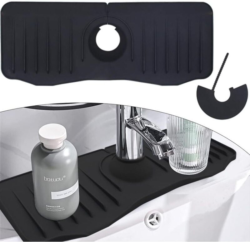 Thumbnail - Schwarze Wasserhahnmatte, Silikon-Abflussmatte für Spülbecken, Spritzschutz für Wasserhahngriffe für Küchen- und Badezim...