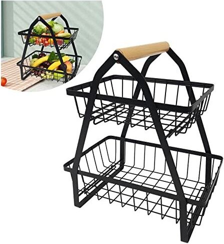 Yardin - 2 Stöckig Obst Etagere Metall Obstschale,Abnehmbar Obst Halter Küche Ablagekorb,mit Holzgriff Ablagekorb,Gemüse...