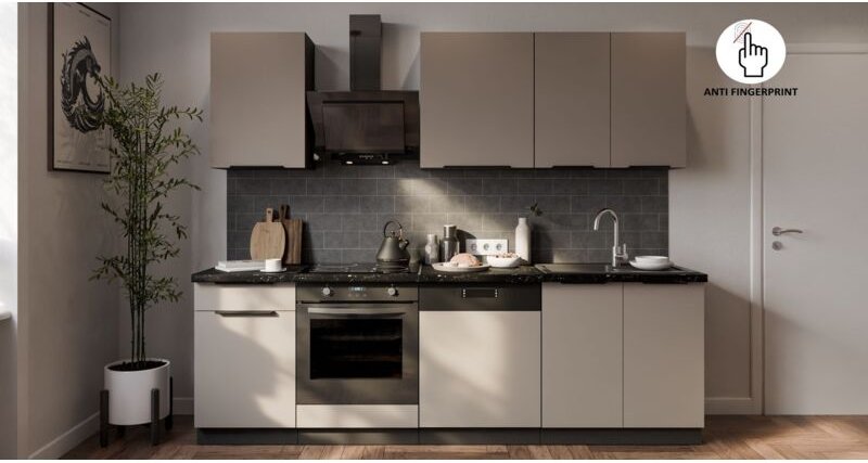 Küche ARIA K-BL Basic 250 cm Anti Fingerprint Küchenzeile Küchenblock Singleküche EinbaukücheSANDGRAU - AFM