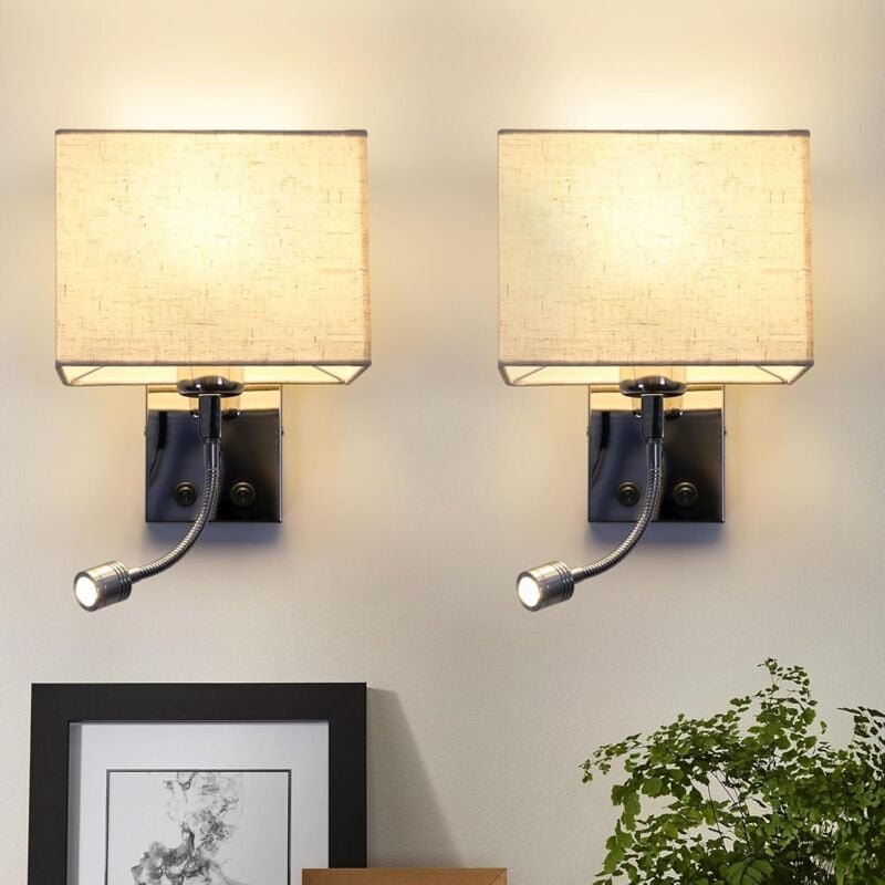 Wandleuchte Innen Wandlampe Schlafzimmer -2ER Gbly Wandstrahler led Leselampe 360°Schwenkbar Quadratisches Stoffschirm D...