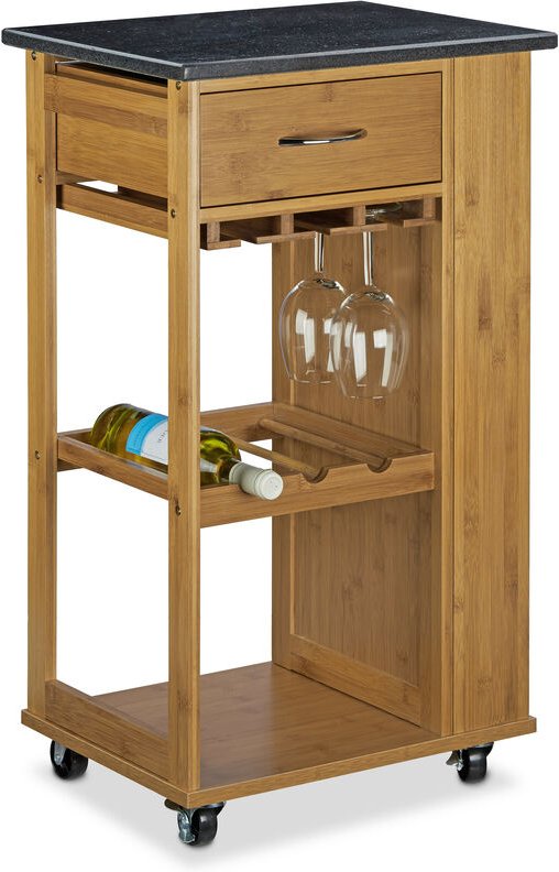 Küchenwagen Bambus alfred l, schwarze Marmorplatte, HBT:81,5x47,5x37,5cm, Gläser- & Weinflaschenhalter, natur - Relaxday...