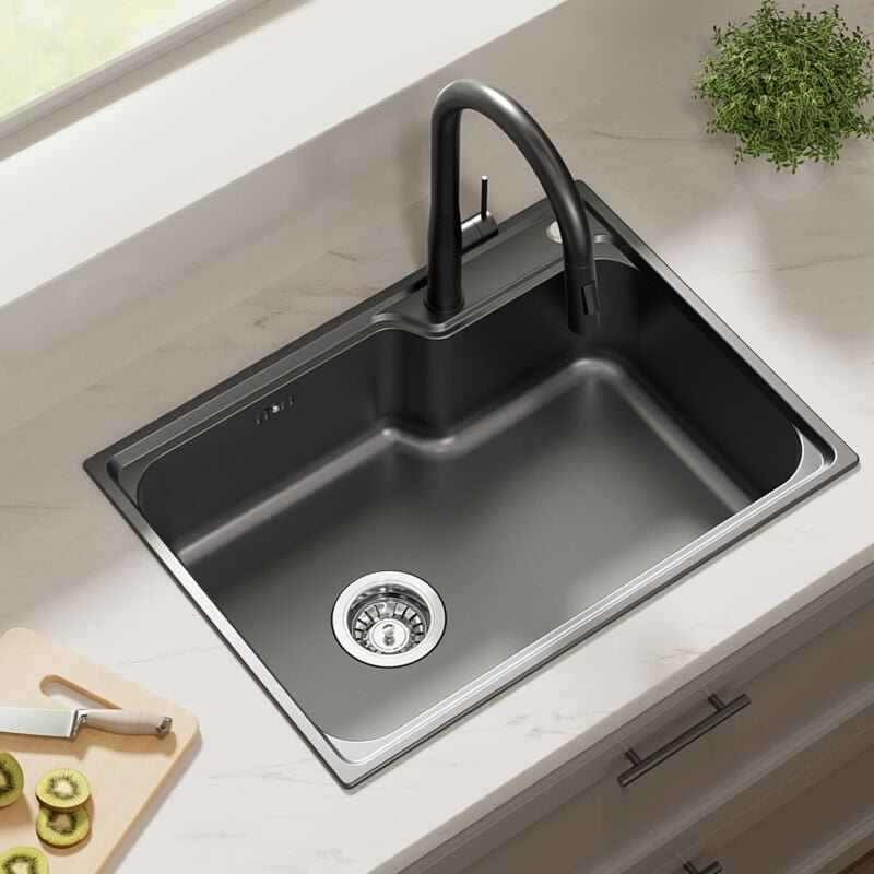 Küchenspüle 62 x 45 cm Edelstahl Waschbecken Einbauspüle Spülbecken mit 2 Montagelöcher, Nano-Schwarz Oberflächenbehandl...