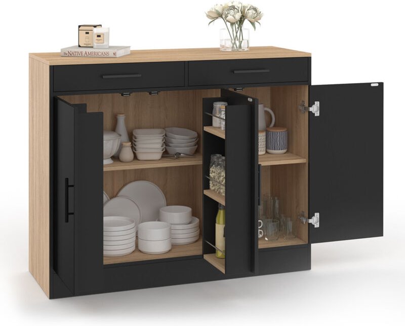 Niedriges Küchenbuffet 110 cm ALTO mit Ablagen in Buchenholzoptik und Schwarz