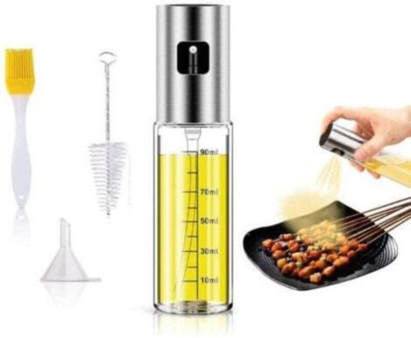 100-ml-Ölsprüher mit Skala, Olivenölsprüher mit Trichter, Speiseölsprüher aus Edelstahl mit Ölpinseln und Reinigungsbürs...