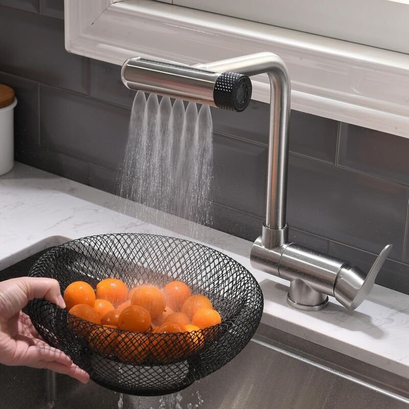 Klappbare Küchenarmatur mit 4 Düsen, klappbare Küchenarmatur für Fenster, Küchenarmatur aus gebürstetem Edelstahl 304