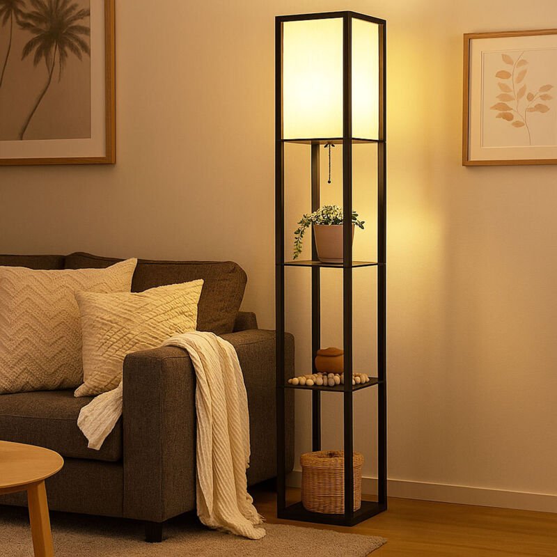 Stehleuchte Holzregal Standlampe Textil schwarz naturfarben Schlafzimmerleuchte stehend, 1x E27 Fassung, LxBxH 26x26x159...