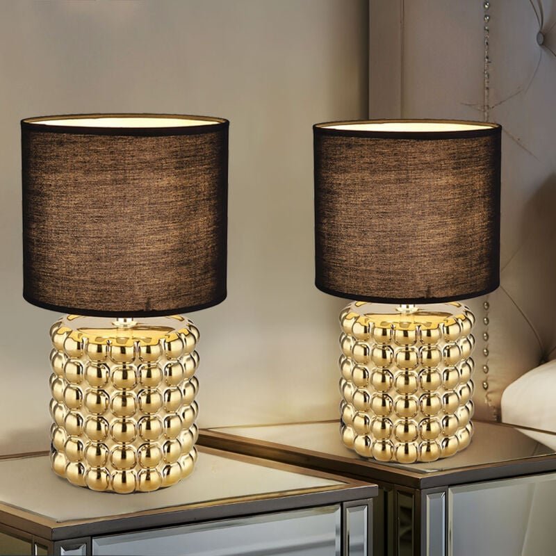 Tischlampe Wohnzimmer Tischleuchte Keramik Nachttischlampe schwarz gold, Textilschirm, 1x E14 Fassung, DxH 18,5x33 cm, 2...