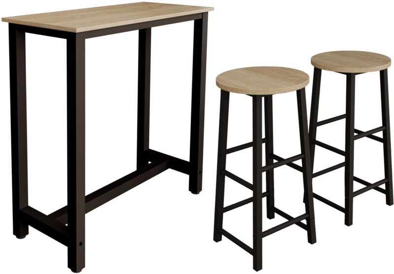 Bartisch mit 2 Barhockern Metallbeine 100x100x40cm Bartresen küche Modell Ani Schwarz und Sonoma
