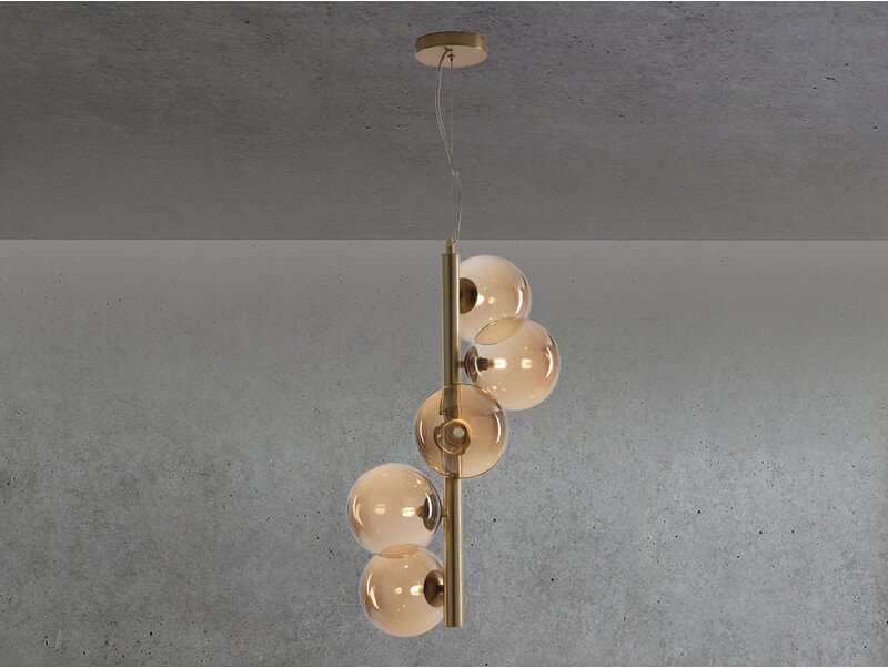 Meinewunschleuchte - led Pendelleuchte 5-flammig in Messing mit Amber Glaskugeln lang, Höhe 183cm