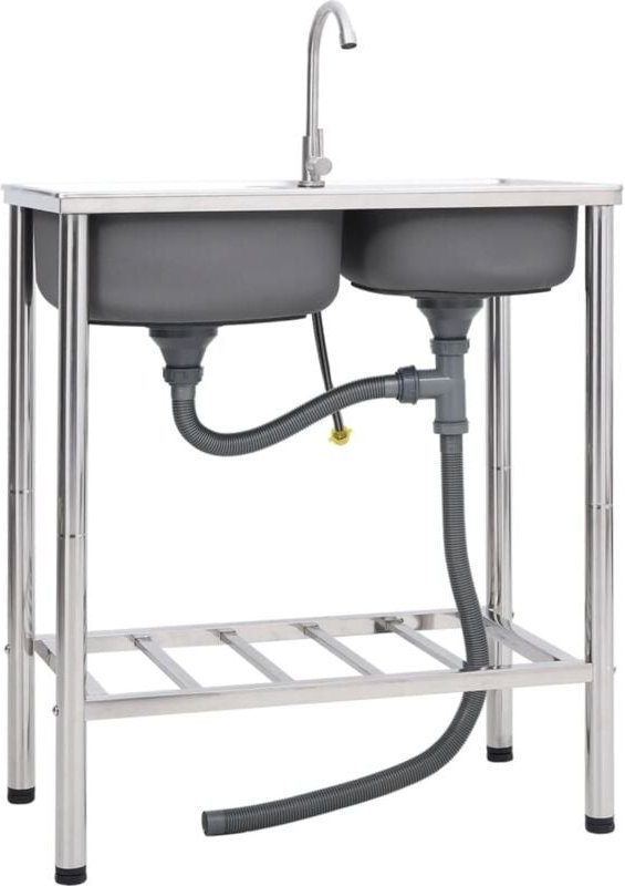 Camping-Spüle mit Doppelbecken und Wasserhahn Edelstahl - Vidaxl