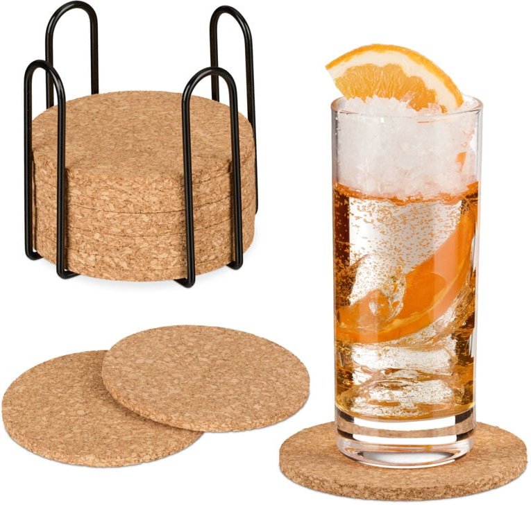 Relaxdays - Korkuntersetzer, 16er Set, 10 cm, Getränkeuntersetzer mit Halter, für Gläser & Tassen, Untersetzer Kork, nat...