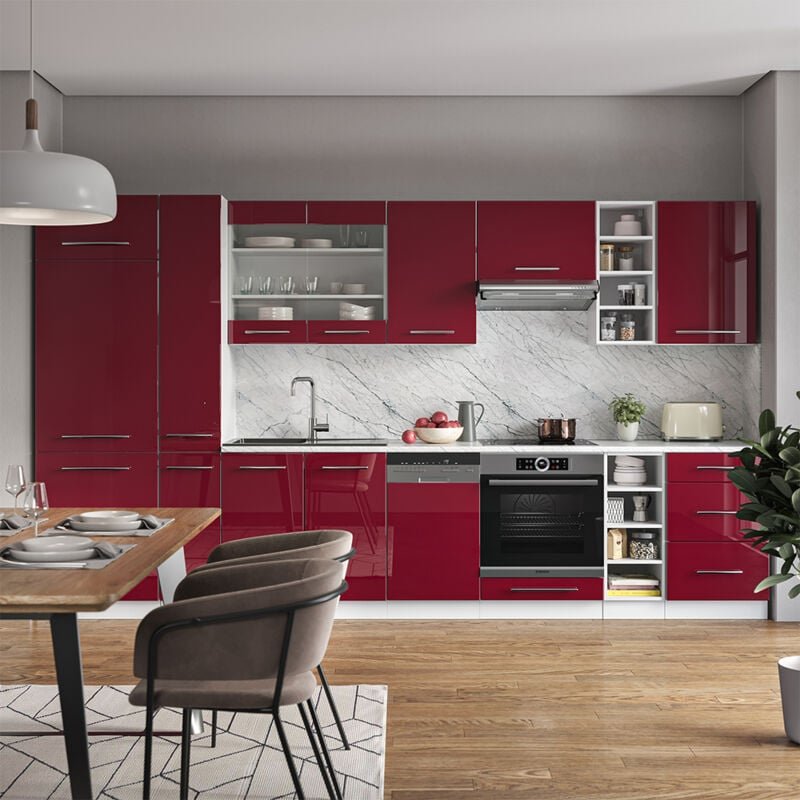 Vicco - Küchenzeile Fame-Line, Bordeaux Hochglanz/Weiß, 355 cm ohne Arbeitsplatte