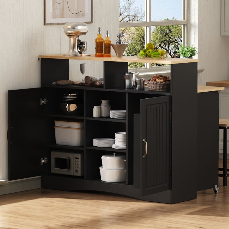 Îlot de cuisine sur roulettes 110×34-68×97.5 cm avec plateau rabattable et 2 tabourets buffet rangement MDF noir