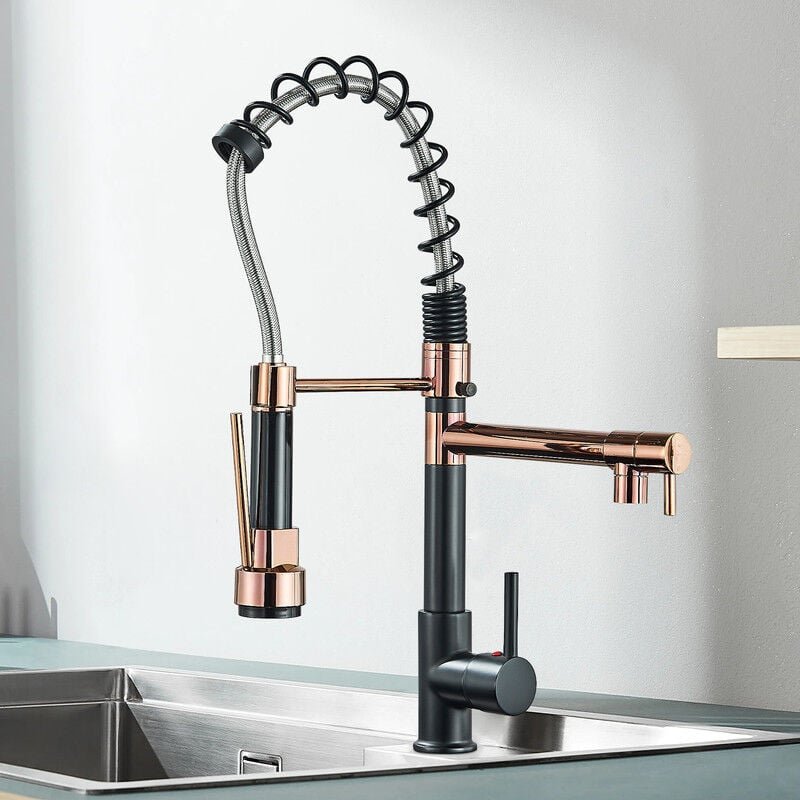 Thumbnail - Rose Gold Küchenarmatur mit Spiralfeder 360° Schwenkbare Spültischarmaturen mit Zwei Auslauf, Wasserhahn Küchen Brause a...