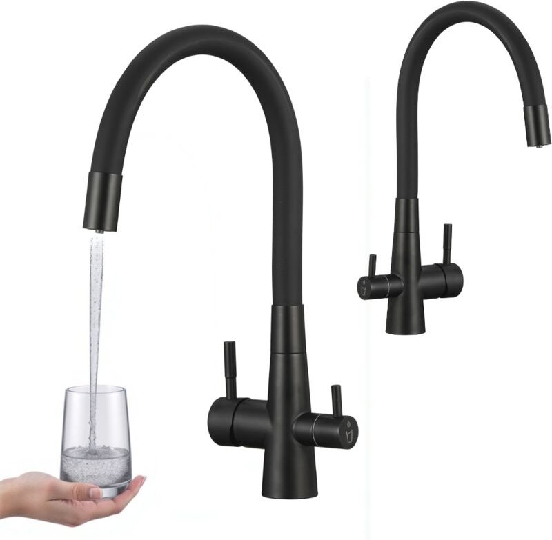 Riveco Küchenarmatur, schwarz, für Wasserfilter, flexibler Auslauf 360