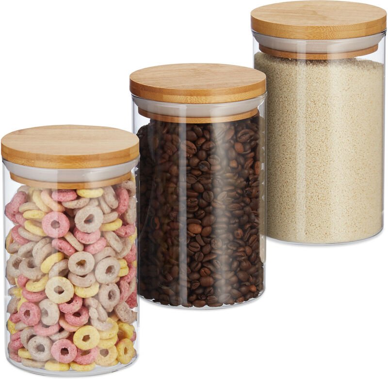 Vorratsdosen Glas, 3er Set, für Pasta, Reis, Müsli, Kaffeebohnen, Volumen 800 ml, HxD 16x9,5 cm, Bambus, natur - Relaxda...