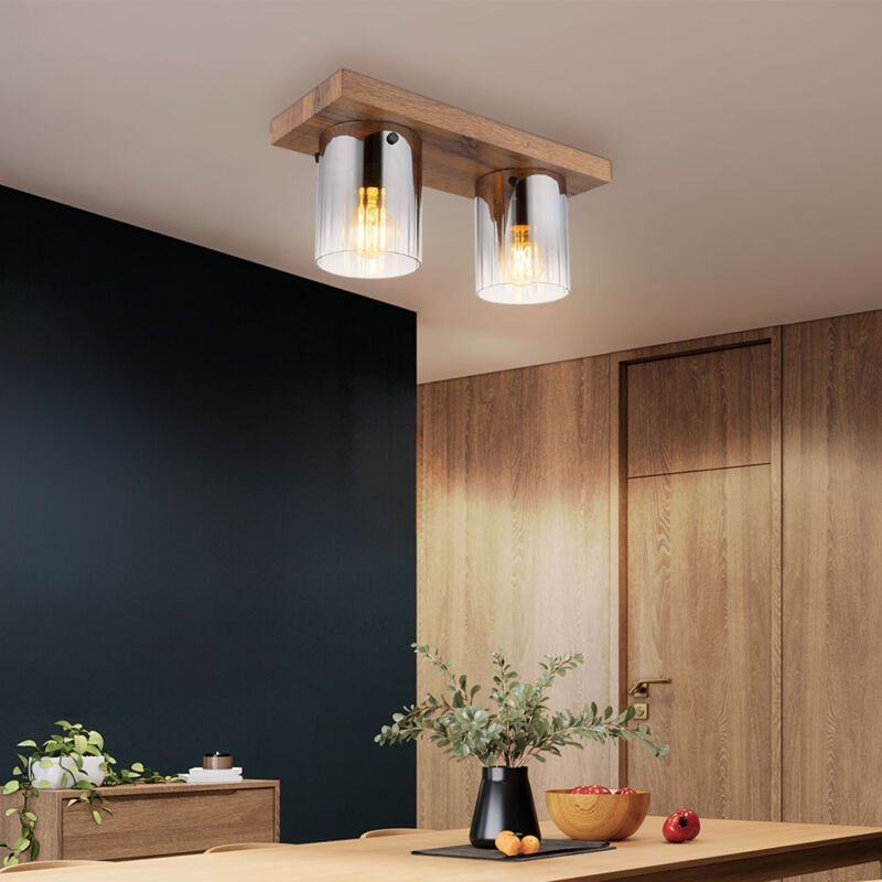 Deckenleuchte Deckenlampe Wohnzimmerlampe Holzoptik Glas Rauchfarbe 2-Flammig