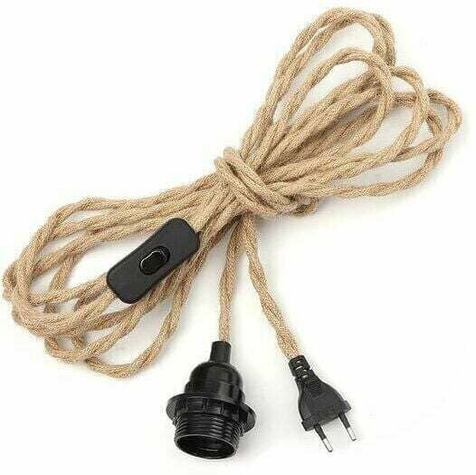 Lustre Corde de Chanvre Câble 3m, Douille E27 Interrupteur avec Fil Cable Ampoule, Pour diy Lampe Suspension Lumière Pen...