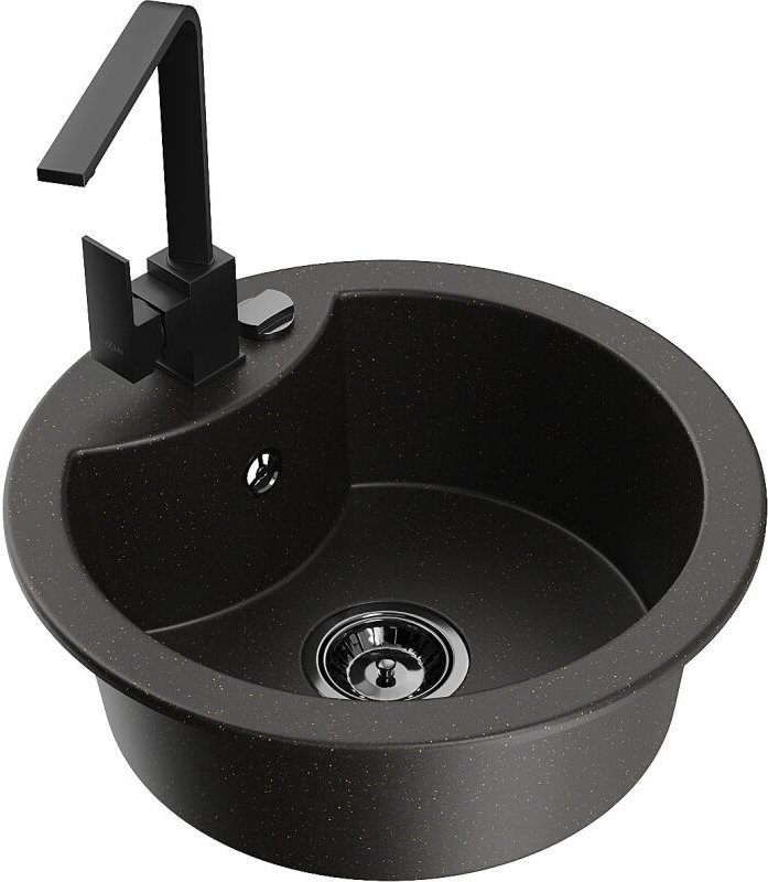 Mexen Diego 1-Becken-Granit-Spüle mit Mischbatterie Rita, Schwarz/Gold metallisch - 6512-75-670300-70-B