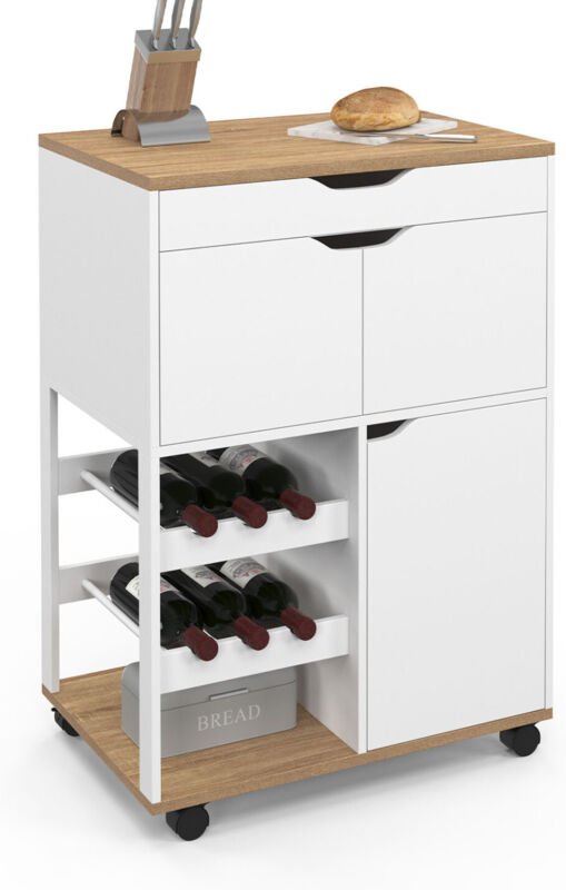 Küchenwagen COSY mit Schränken und Flaschenablage aus Holz und Weiß