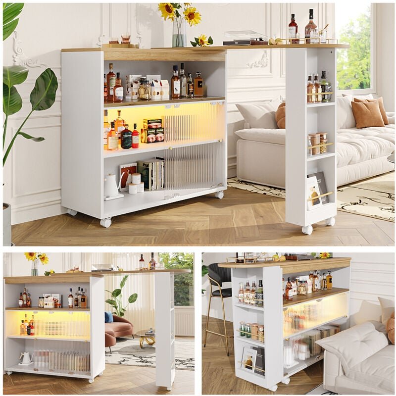 Ausziehbarer Bartisch mit Stauraum, moderner mobiler Stehtisch, Teleskop-Stehtisch mit led, Bartisch, Bistrotisch, Steht...