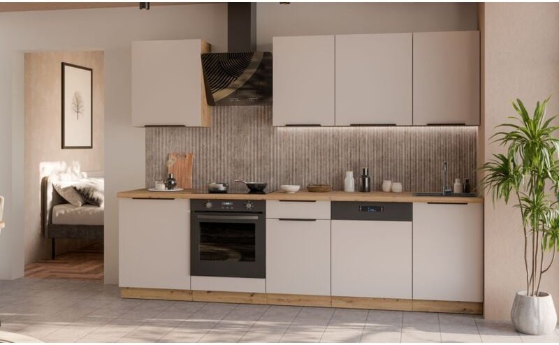 Küchen Preisbombe - Küche solano basic 280 cm Küchenzeile Küchenblock Einbauküche Kaschmir beige matt + Eiche Artisan ma...