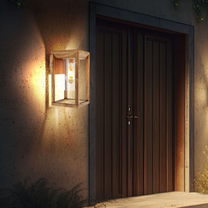 Led Wandlampe Außenwandlampe Hauswand Beleuchtung Haustürlampe Außen Wand, Holzoptik Aluminium Gestell, klar, 1x E27 Fil...