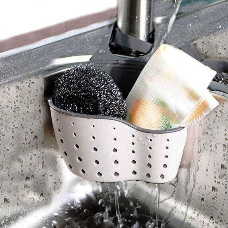 Portaoggetti per lavello da cucina, porta spugna, porta sapone in plastica e silicone, cinghia di sospensione regolabile...