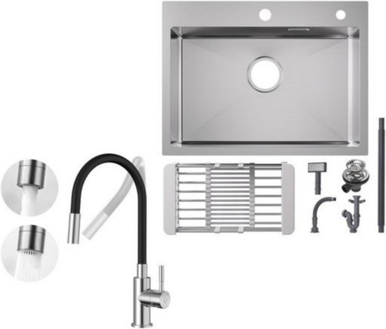 Cecipa Max - Küchenspüle aus Edelstahl 60x45cm Aufsatzwaschbecken Gebürstete + Universeller Küchenarmatur Gebürstete Küc...