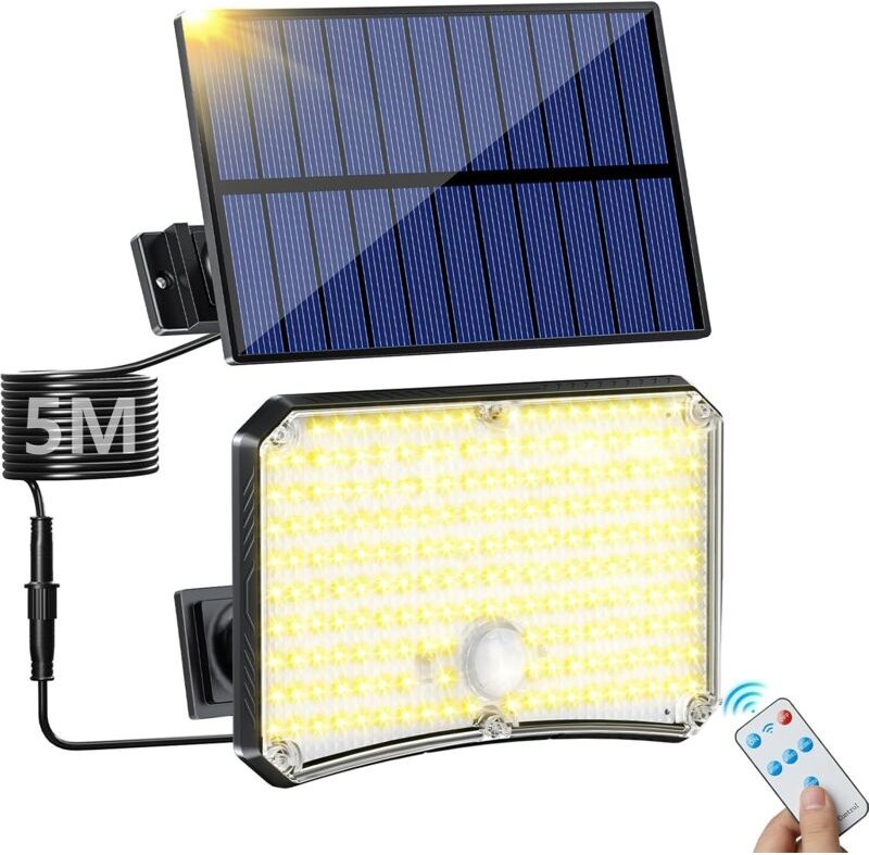 200-LED-Solar-Gartenleuchte mit Bewegungsmelder – 4 Modi, Fernbedienung, Solarpanel-Flutlicht – Warmweiß
