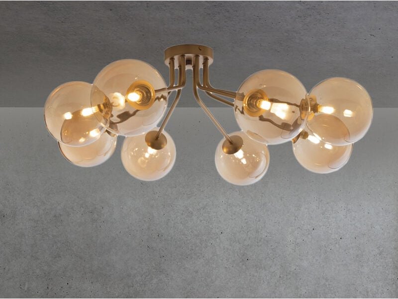 Led Deckenleuchte 8-flammig Messing Glaskugeln Amber, Breite 88cm