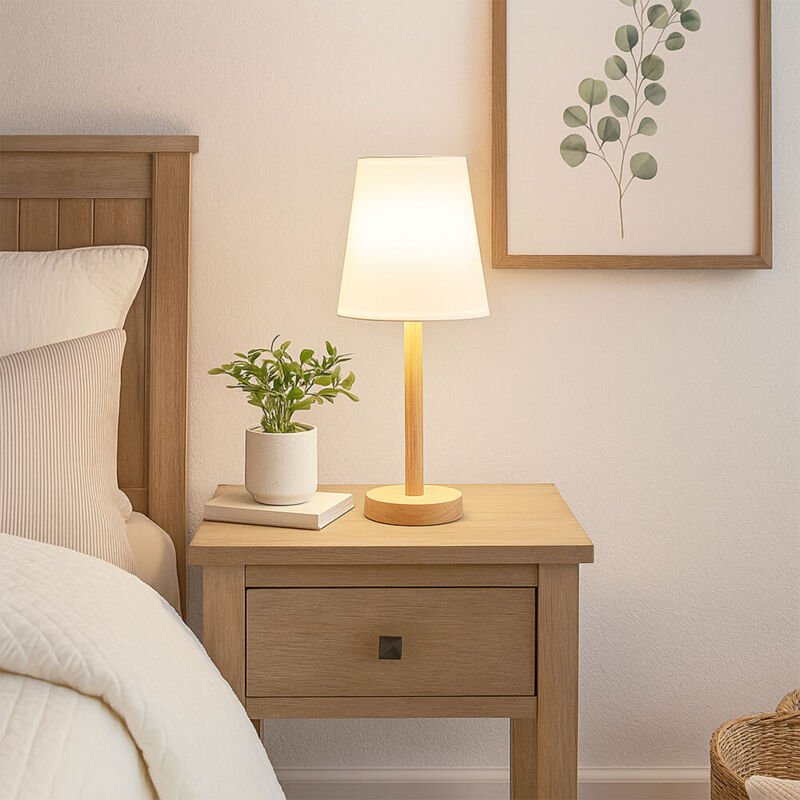 Nachttischlampe Tischleuchte Holzoptik Schlafzimmerlampe Tischlampe Textil weiß Wohnzimmerlampe, Metall, 1x E14, DxH 20 ...