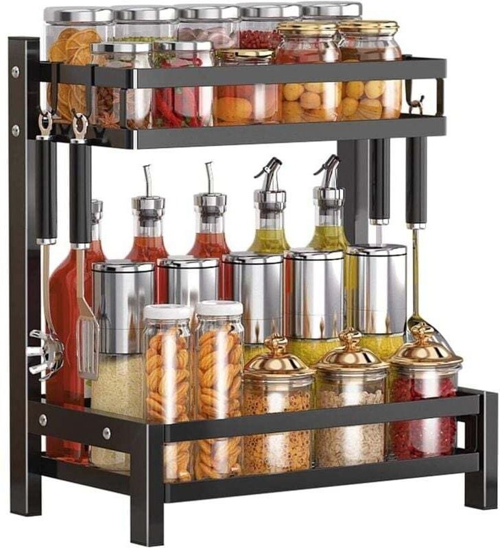 Étagère à Épices Antirouille 2 Niveaux avec Crochets Rangement Cuisine Organisateur Comptoir Noir 32 x 20 x 40 cm