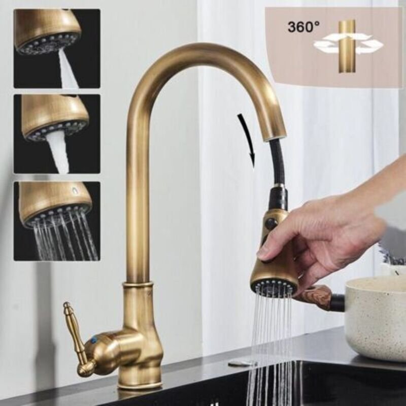 Retro Küchenarmatur Spültischarmatur Abklappbares Fenster aus Messing Edelstahl 304 Wasserhahn, Küchenbrause Ausziehbar ...