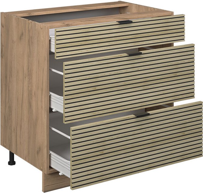 Küchenunterschrank Fame-Line, Eiche Paneel, 80 cm mit 3 Schubladen, ohne Arbeitsplatte Vicco