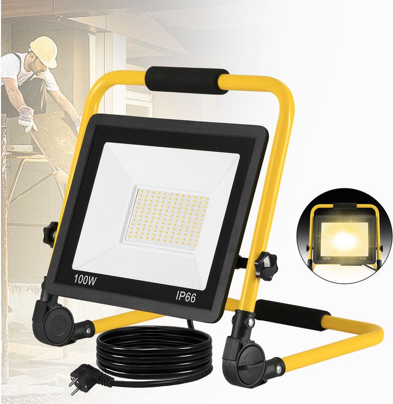 UISEBRT LED Baustrahler 100W Warmweiß Baustellen Strahler inkl. Standgestell und Netzkabel, LED Fluter Arbeitsscheinwerf...