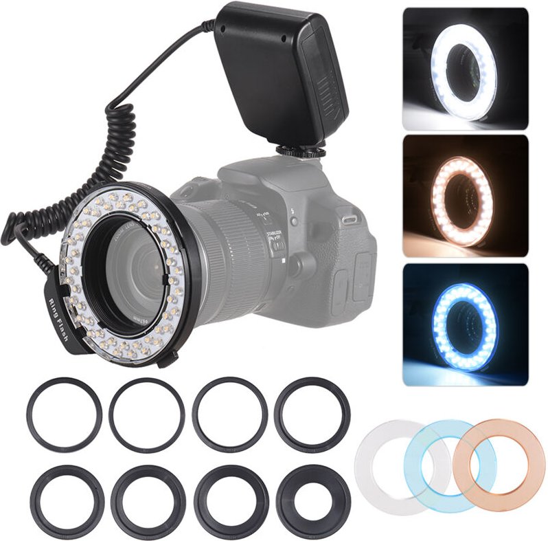 HD-130 Makro-LED-Ringblitzlicht, LCD-Bildschirm, 3000–15000 k, GN15-Leistungssteuerung mit 3 Blitzdiffusoren, 8-Ring-Ada...