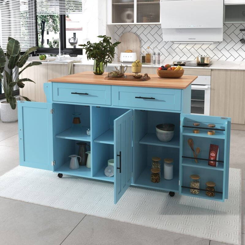Großer Speisewagen/Sideboard 129 x 46 (71) x 91,5 cm, Arbeitsplatte mit Massivholzmaserung + blauer Schrank/klappbare Ar...