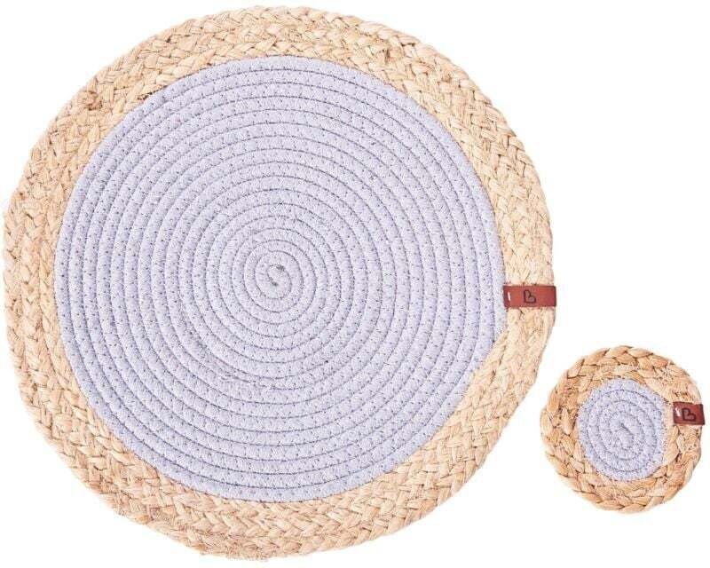 Beliani - 6 Personen Tischset mit Untersetzern Naturfarben / Grau Jute u. Baumwolle Geflochten Rund ⌀ 35 cm 12-Teilig Ha...