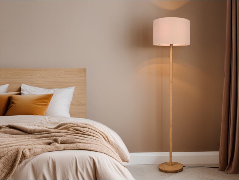 Thumbnail - Led Stehlampe mit Stoff Lampenschirm Weiß & Holz Fuß Höhe 162cm