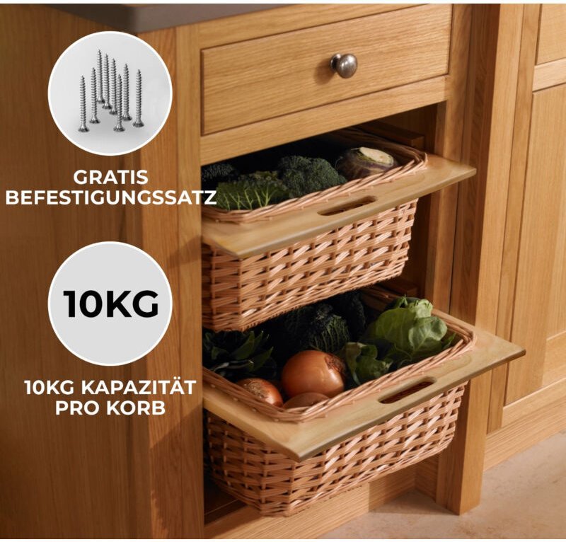 Monster Shop - 2 x Ausziehbare Schrankkörbe Weidenkörbe Küchenkörbe Rattan Unterschrank Buche 600mm