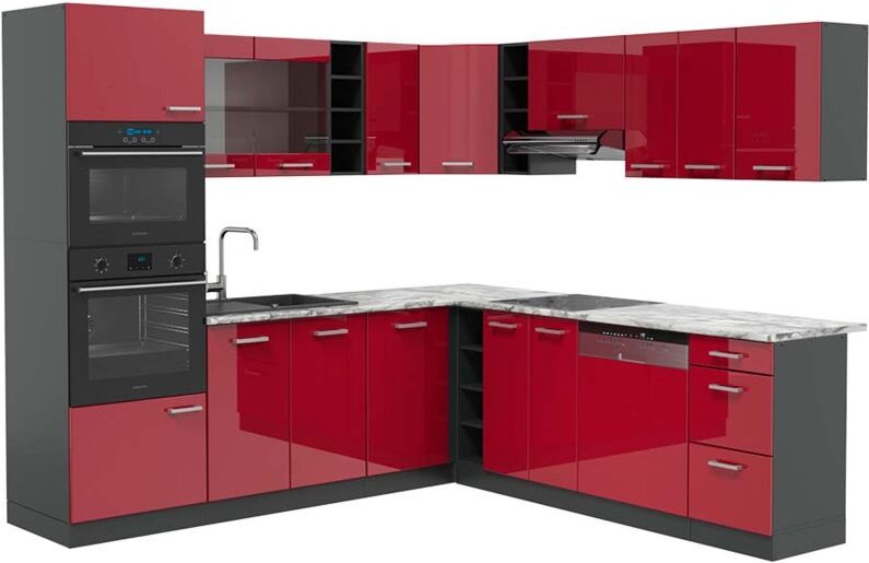 Vicco - Eckküche R-Line, Bordeaux Hochglanz/Anthrazit, 237 x 247 cm , ap Marmor