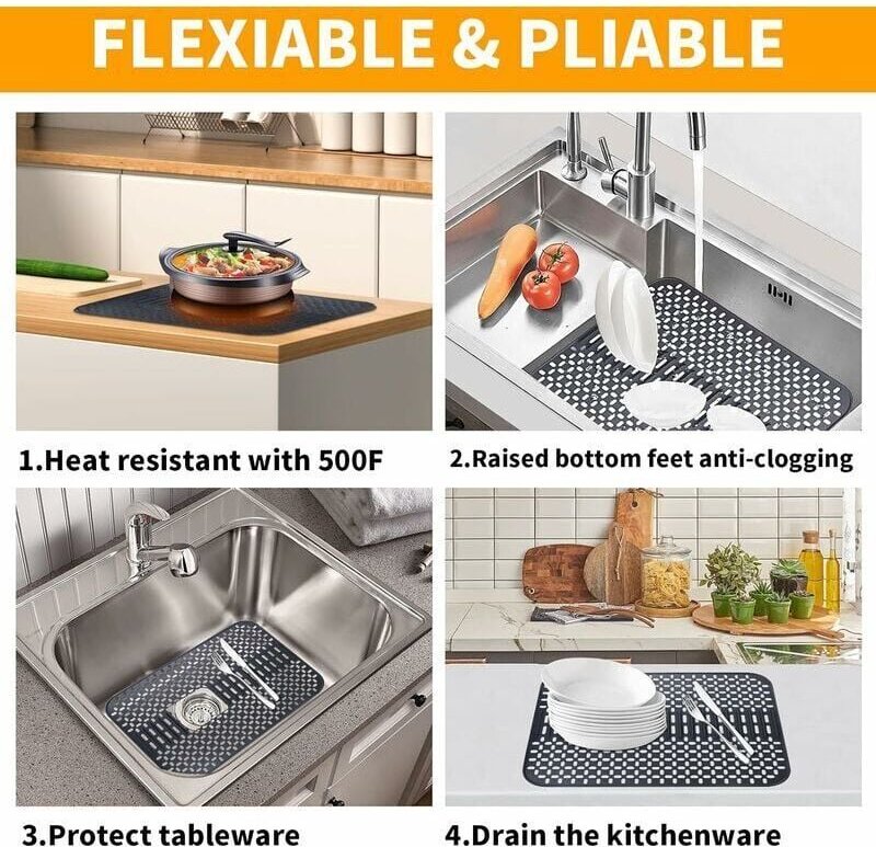 ZVD - Tapis d'évier de cuisine en silicone, grand tapis d'égouttage en silicone, protection de comptoir en silicone, pro...