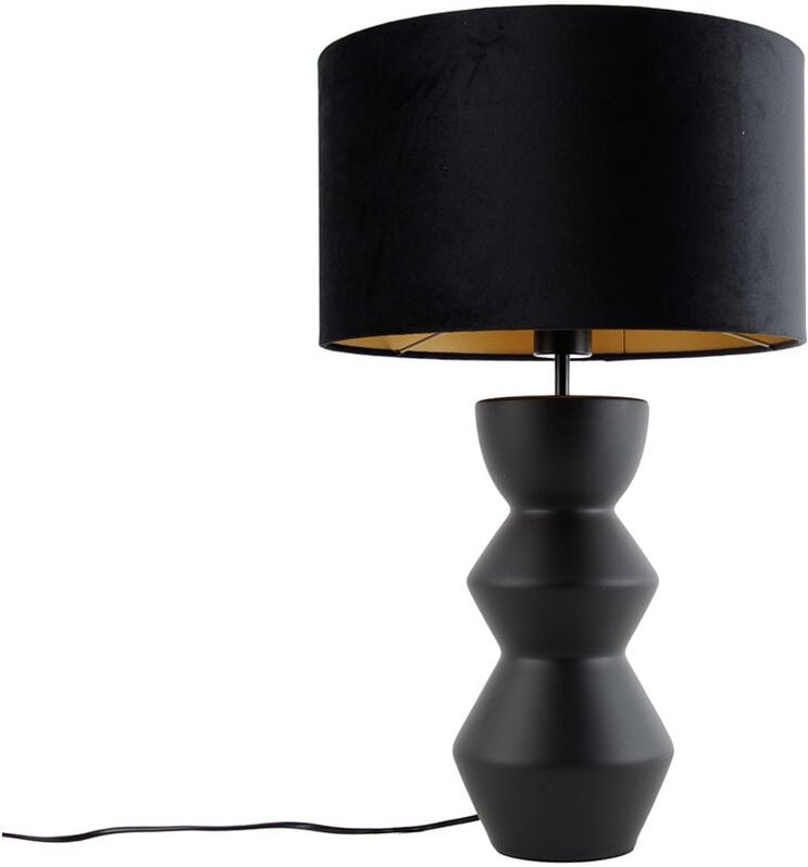 Design Tischleuchte Schwarz Samt-Schirm Schwarz mit Gold 35 cm - Alisia