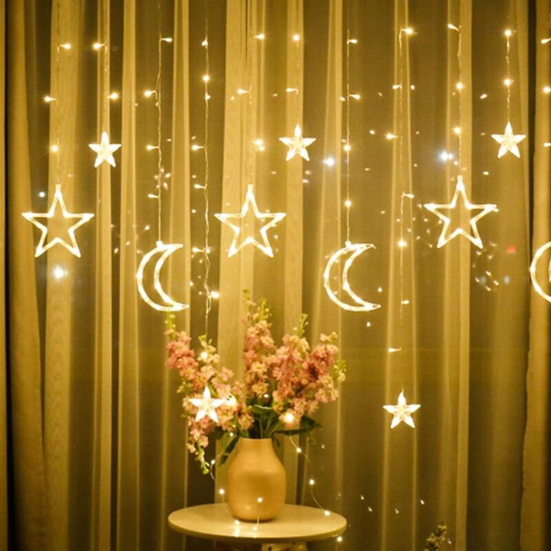 Stern-Mond-Vorhang-Lichter, 3,5 m Mond-Vorhang-Lichter Ramadan, LED-Sternlicht-Girlande, Stern-Vorhang-Lichter, dekorati...