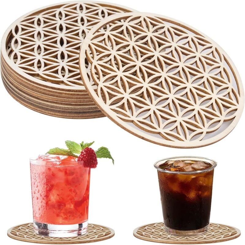 Set mit 10 Untersetzern mit Blumenmotiv, 10 x 10 cm, aus Holz. Untersetzer für Getränke, Kaffee, Bars und Küchen.