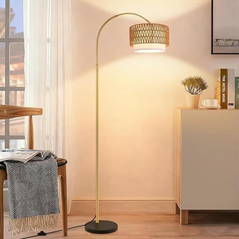 GBLY Boho Stehlampe Rattan Bogenlampe Gold Dimmbar Fernbedienung E27 LED 165–180cm Höhenverstellbar 350° Drehbar Für Woh...