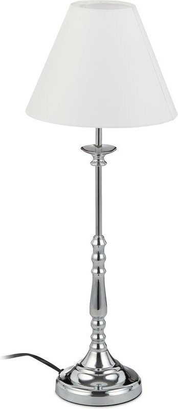 Tischlampe Vintage, Stoff Lampenschirm, spiegelnd verchromt, Dekolampe, E14, h x d 55 x 21 cm, silber/weiß - Relaxdays