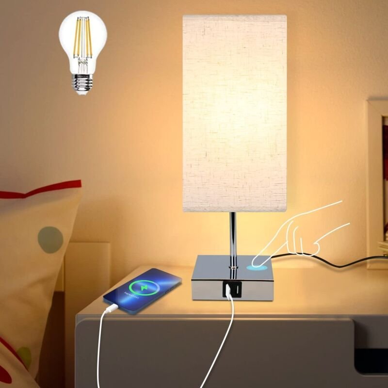 Tischlampe Schlafzimmer Nachttischlampe Dimmbar - Touch Nachtlicht Warmweiß E27 mit usb Ladefunktion Stoff Lampenschirm ...